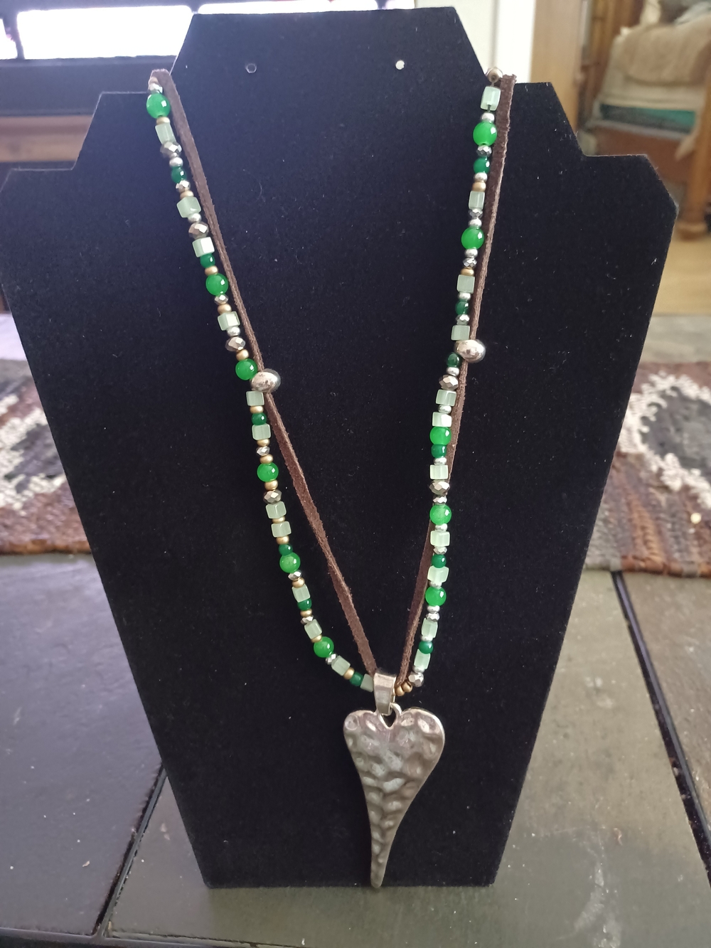 Green Beaded Cord Necklace with Hammered Silver Heart Pendant